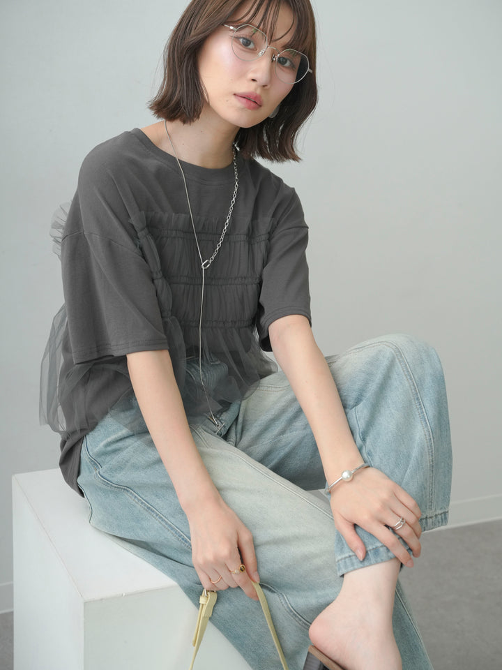 [SET]ギャザーチュールドッキングTEE+センターラインカーブクロップデニム(2set)