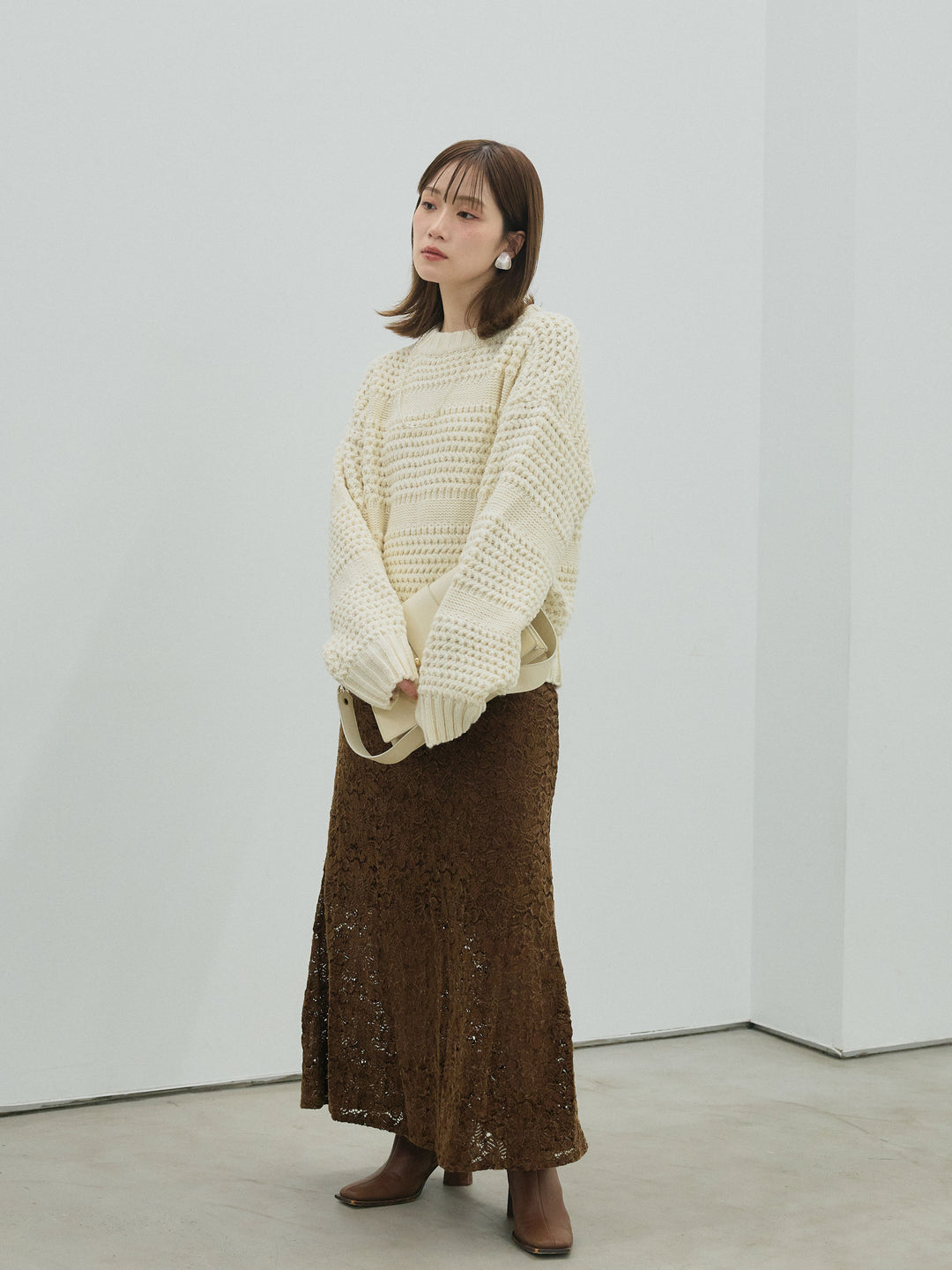 【Allure】[SET]ライン編みニットプルオーバー+起毛レースストレッチナロースカート(2set)