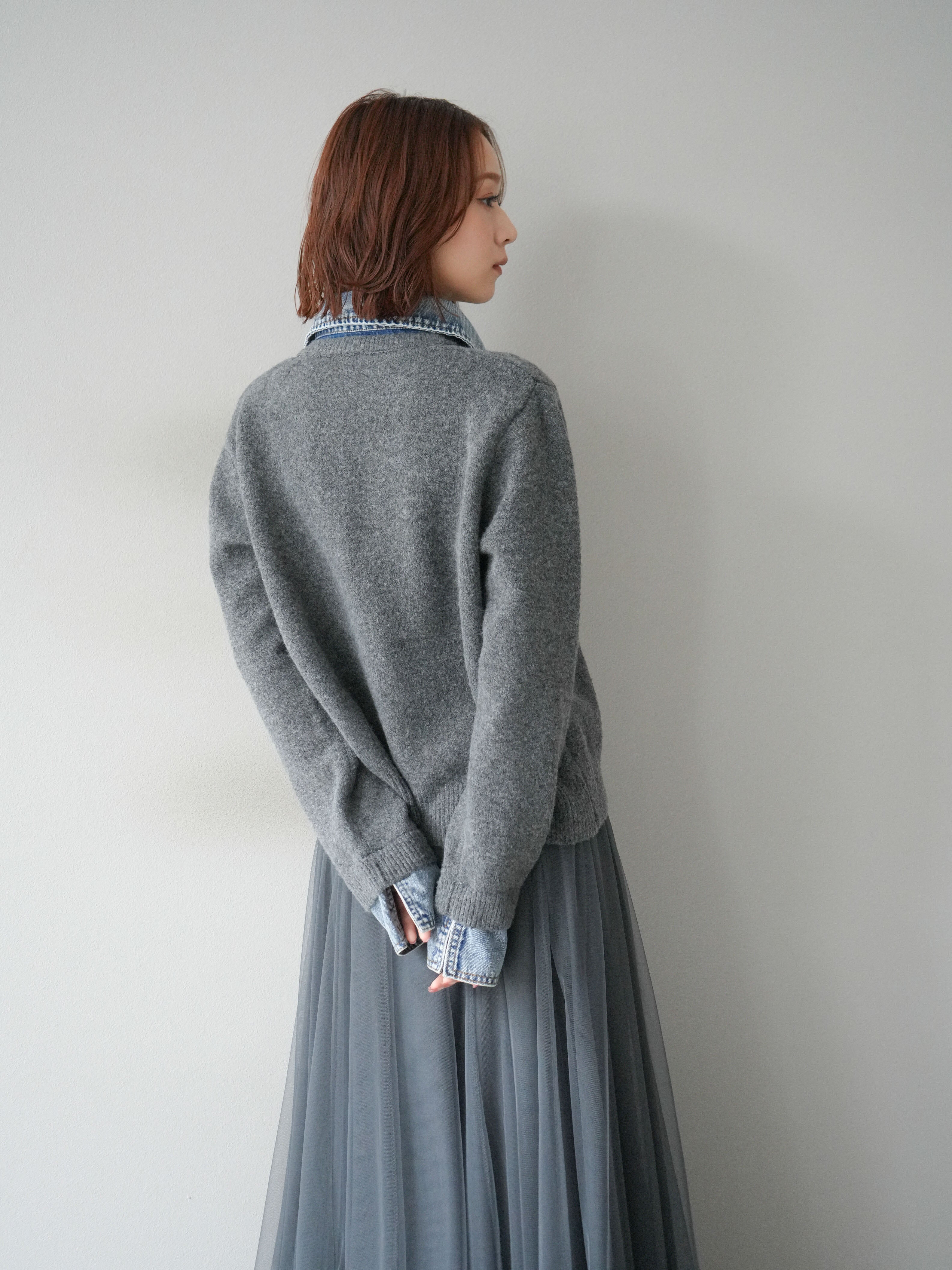 SET]デニム襟ボタンニットカーディガン+チュールボリュームスカート