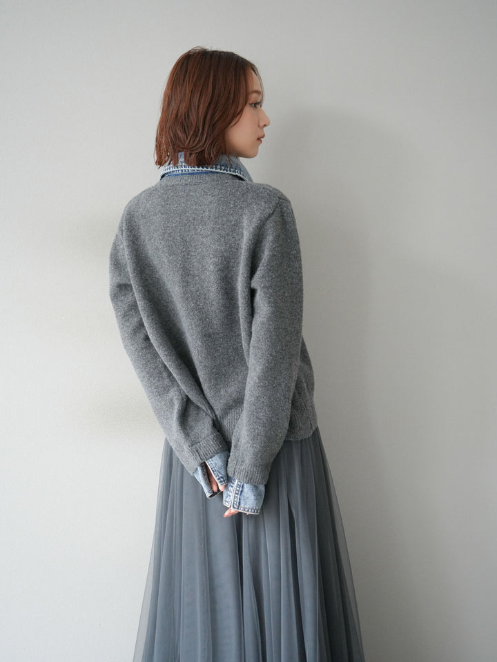 [SET]デニム襟ボタンニットカーディガン+チュールボリュームスカート(2set)