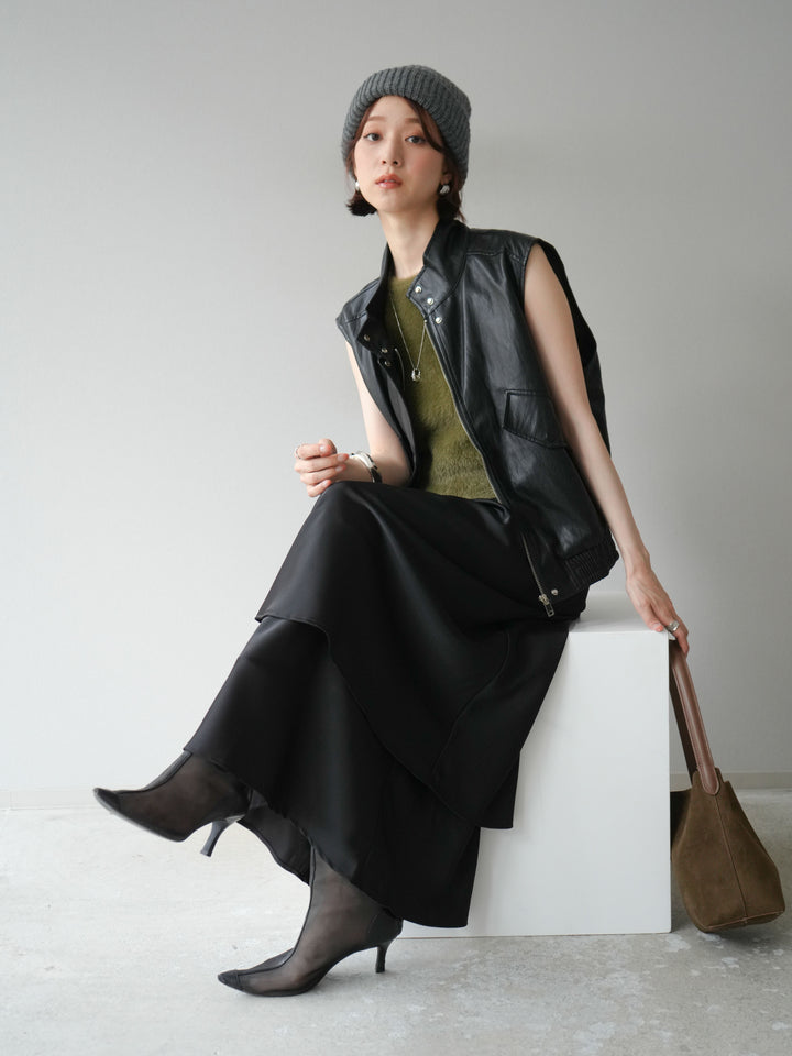 [予約]スリーブレスフェイクレザーブルゾン/ブラック