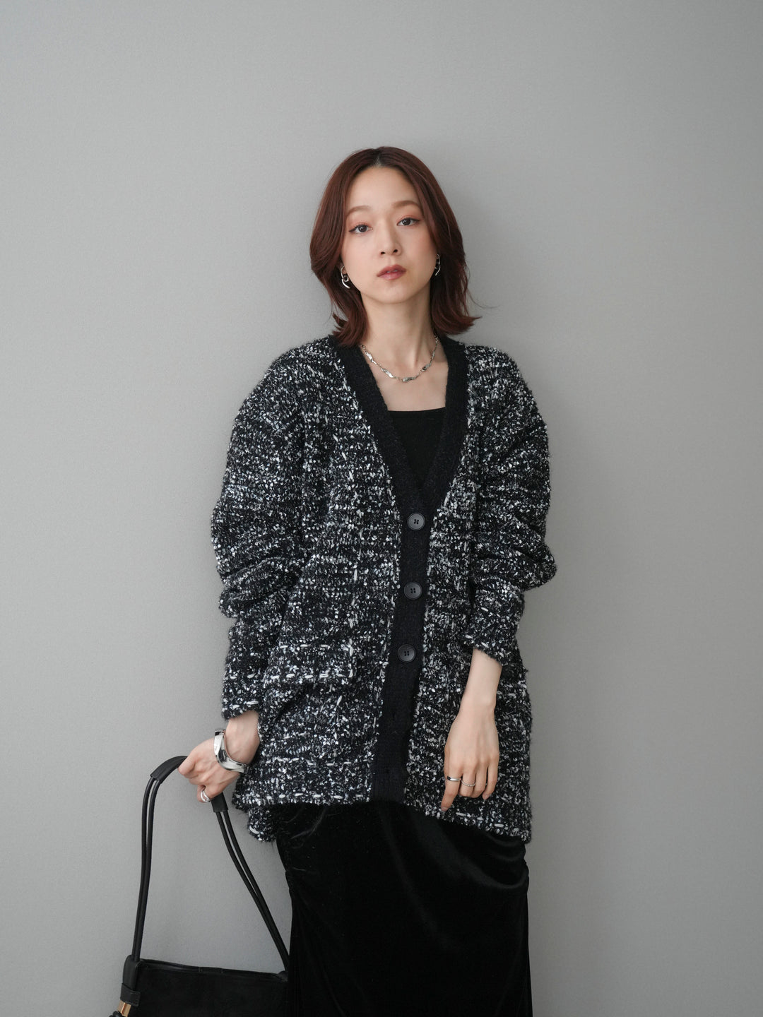 [SET]モールネップニットカーディガン+ギャザーベロアスカート(2set)