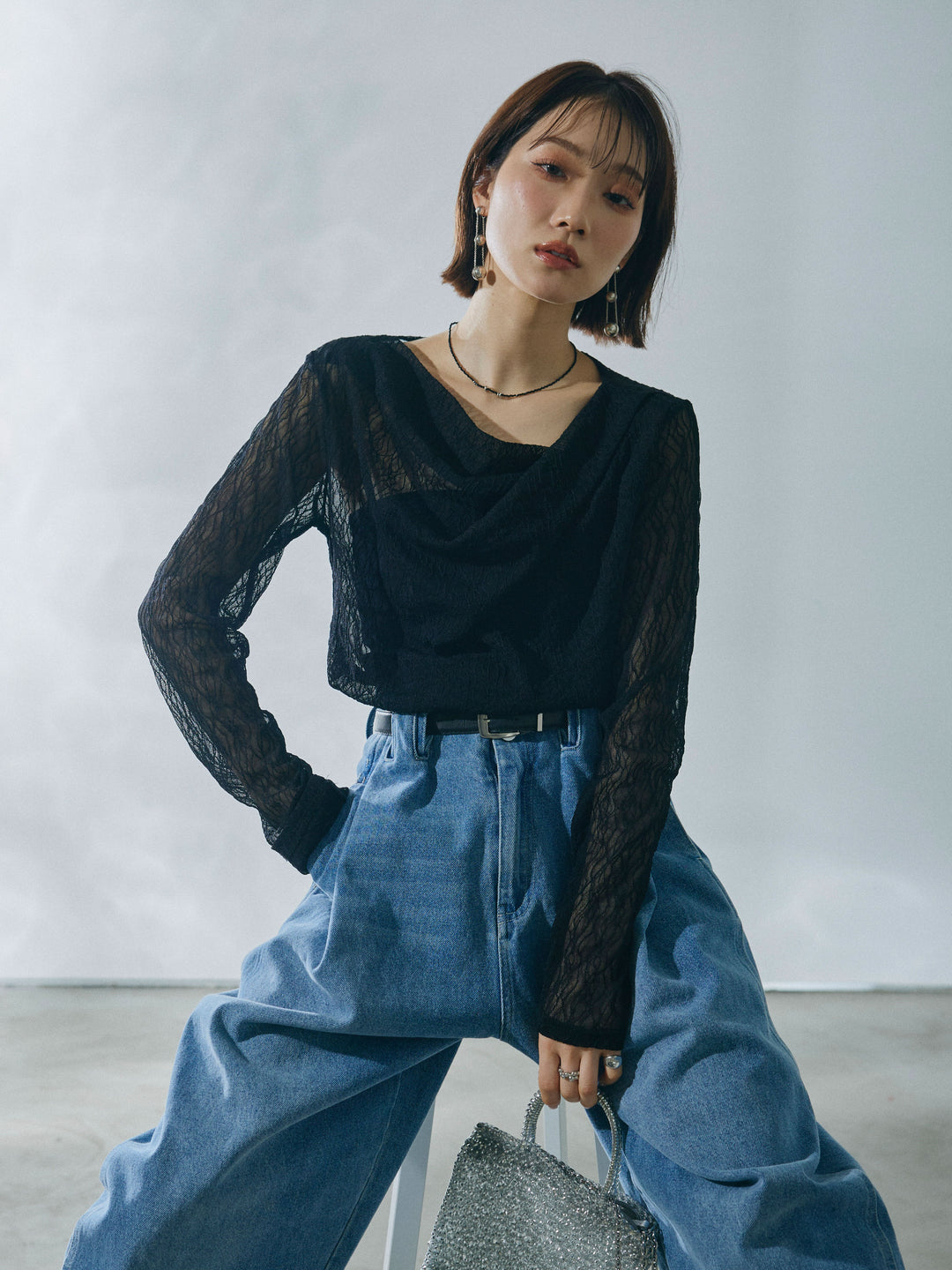 [予約]ストレッチレースドレープトップス/black