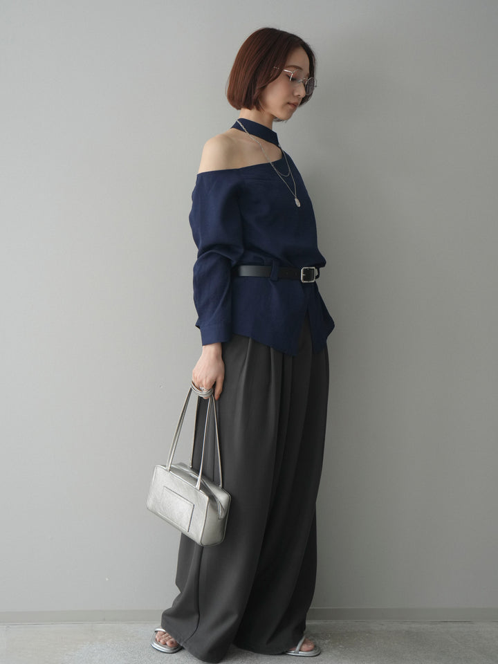 [SET]ベルト付ワンショルダースリットブラウス+編み込みベルト付タックワイドパンツ(2set)