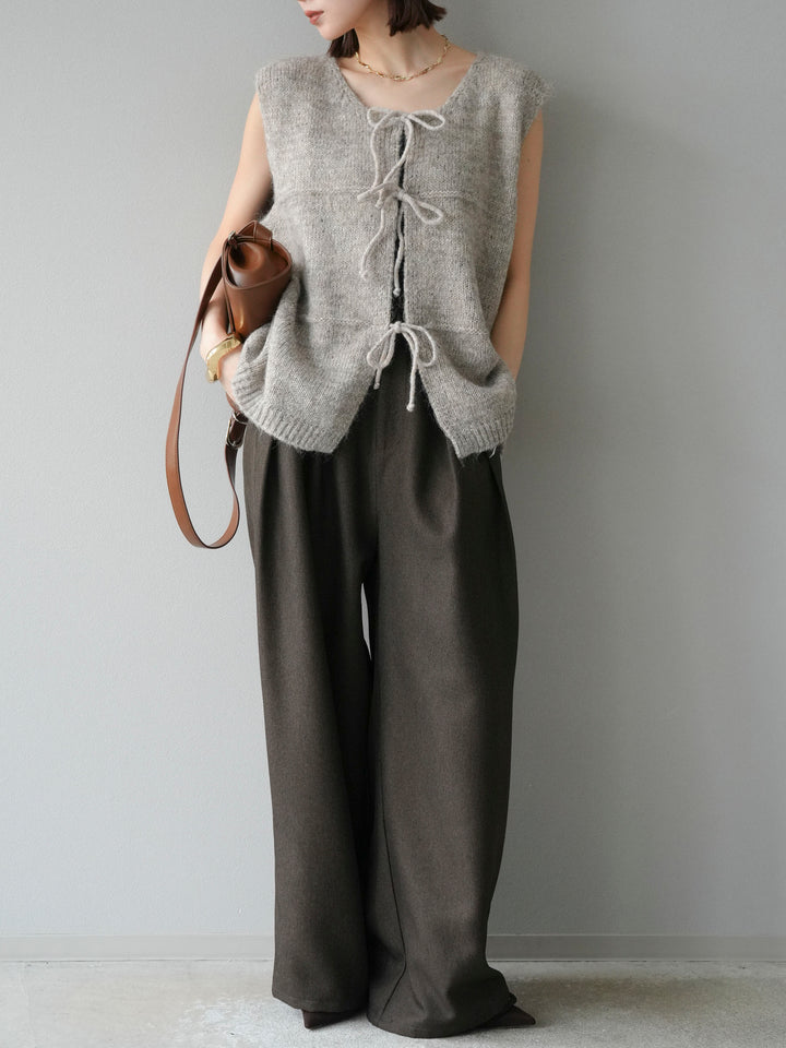 [予約]フロントスリットリボンニットベスト/ベージュ