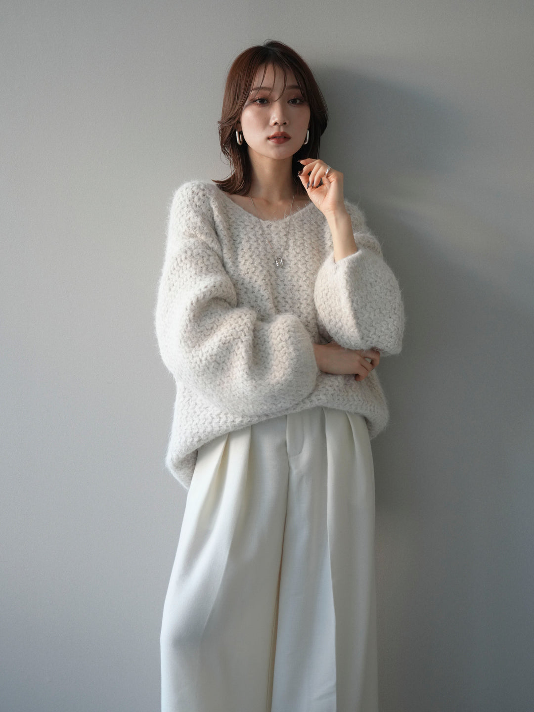 [予約]ウールタッチラメミックスヤーンVネックニットプルオーバー/ivory