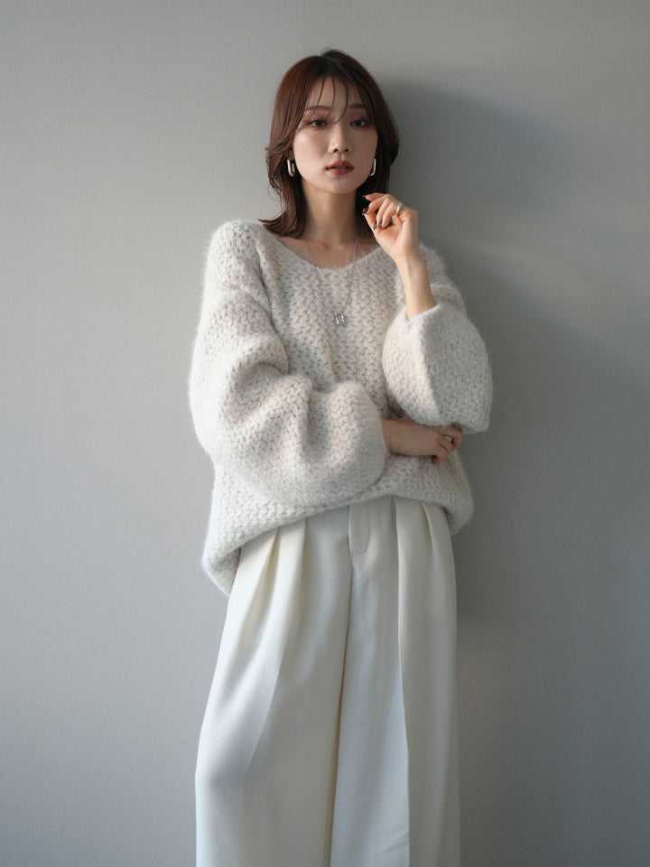 [予約]ウールタッチラメミックスヤーンVネックニットプルオーバー/ivory
