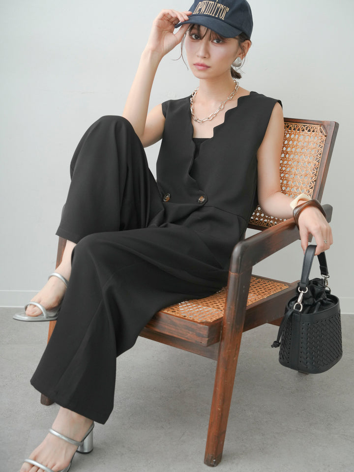 [予約]スカラップデザインサロペット/black