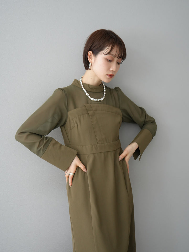 [Pre-order] Decollete Sheer Dress/Khaki