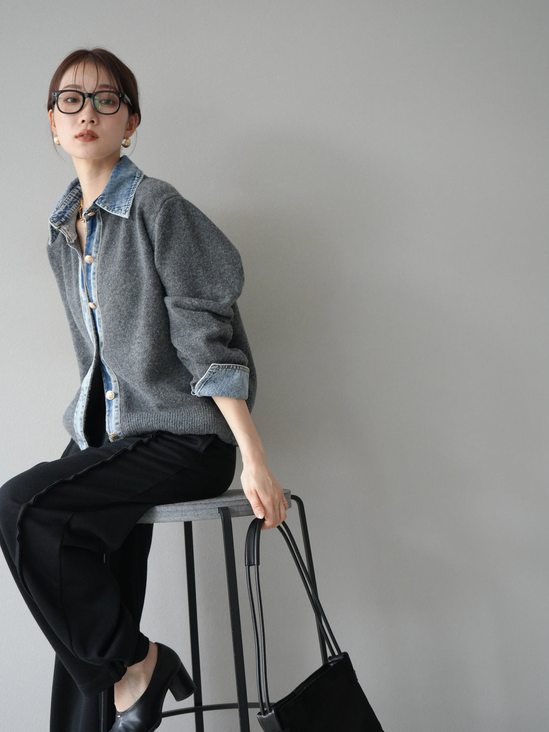 [予約]デニム襟ボタンニットカーディガン/チャコール