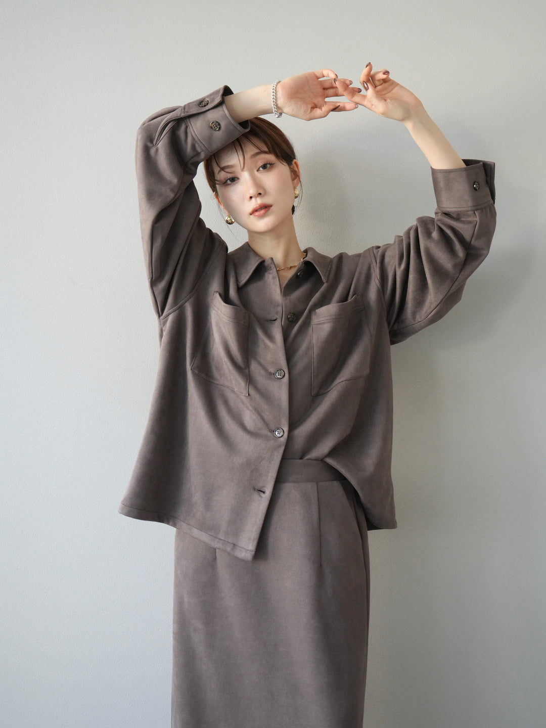 [SET]スエードシャツジャケット+スエードタイトスカート(2set)