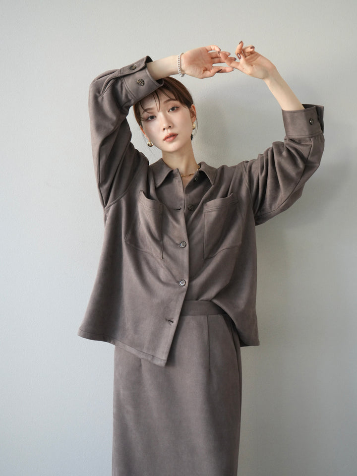 [SET]スエードシャツジャケット+スエードタイトスカート(2set)