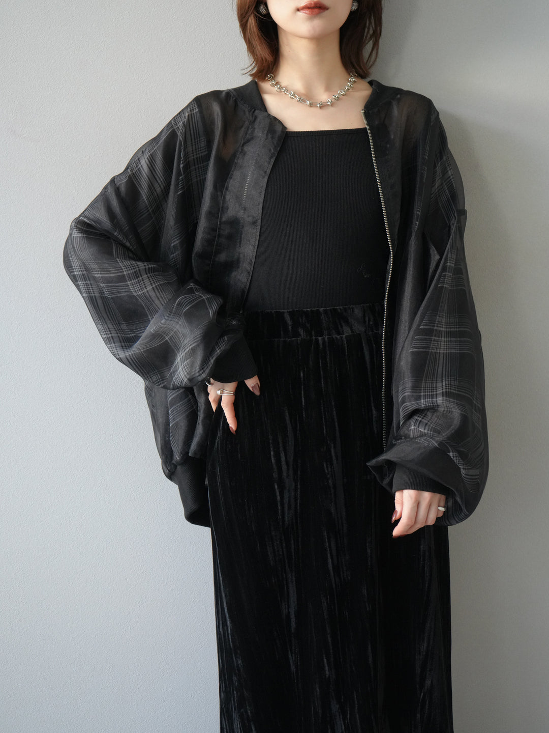 [預購] 格紋薄紗對接外套/黑色