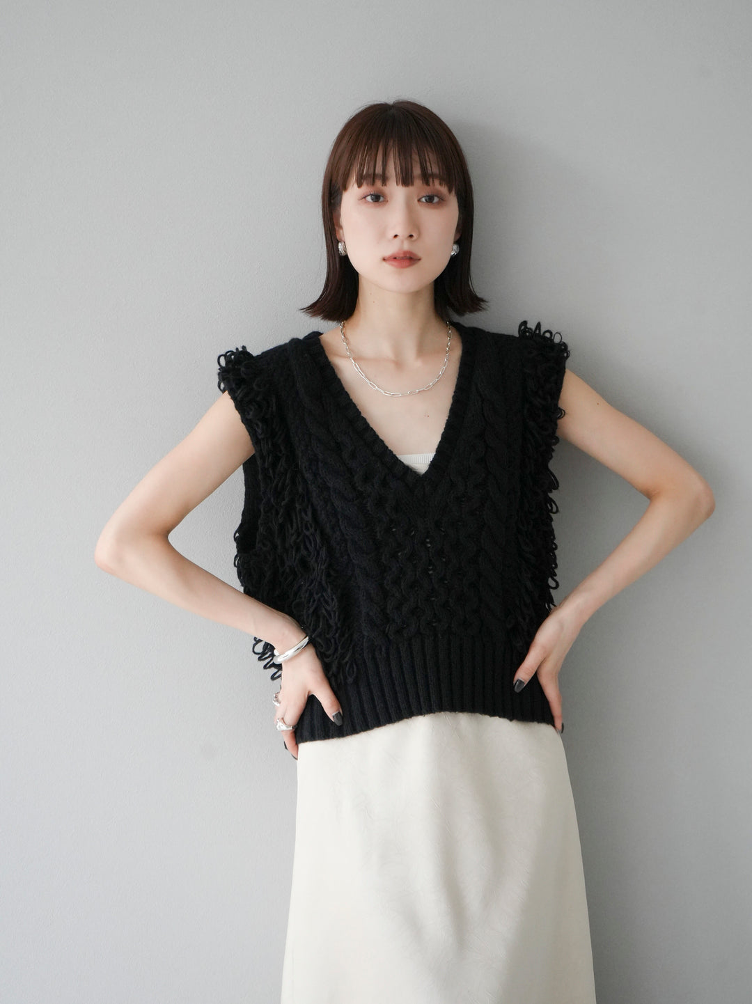 [予約]ループミックス編みニットベスト/ブラック