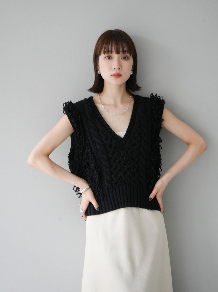 [予約]ループミックス編みニットベスト/ブラック