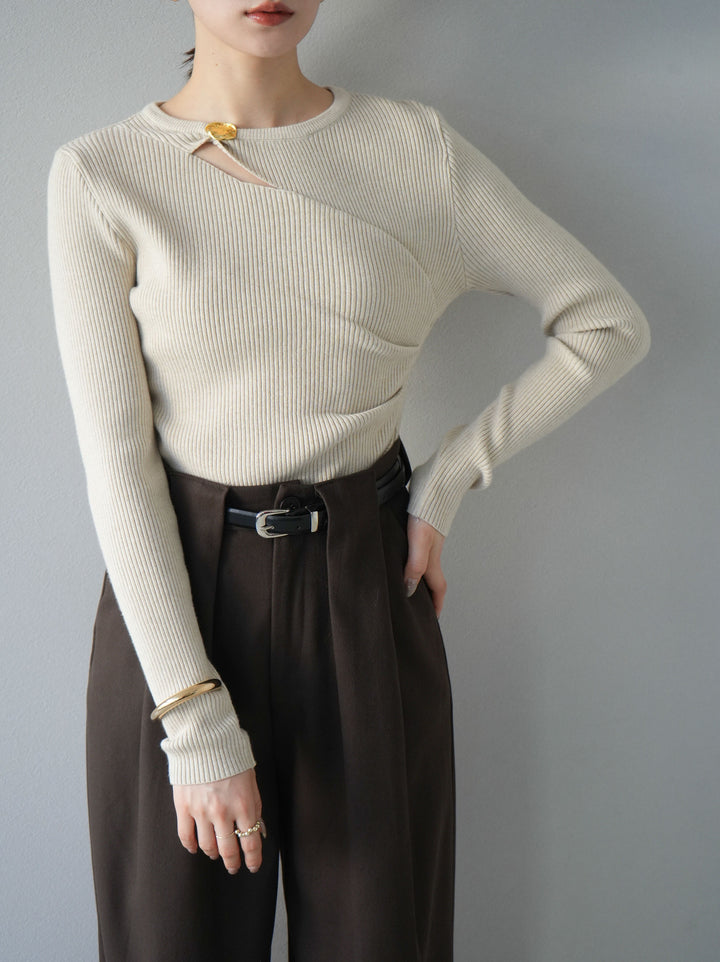 [予約]ゴールドモチーフデザインリブトップス/ベージュ