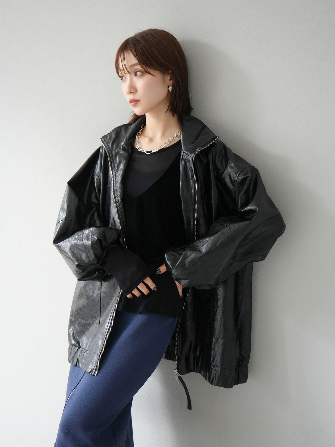 [予約]フェイクレザーオーバーブルゾン/ブラック