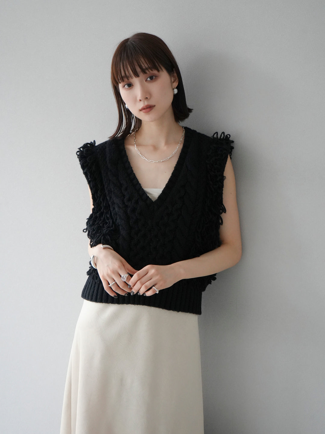 [予約]ループミックス編みニットベスト/ブラック