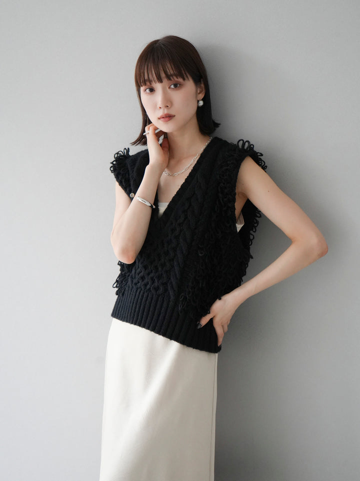[予約]ループミックス編みニットベスト/ブラック