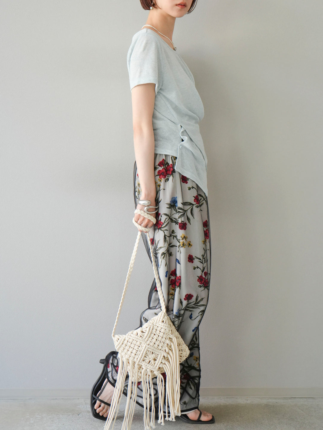 【預購】植物圖案休閒褲/米白色