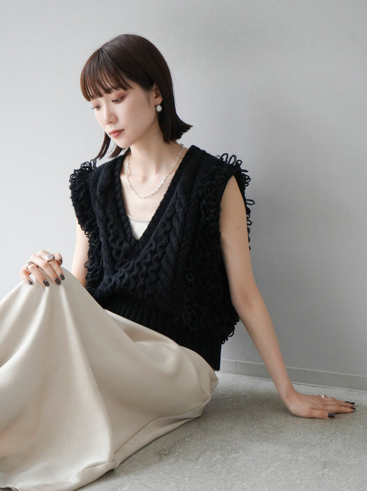 [予約]ループミックス編みニットベスト/ブラック