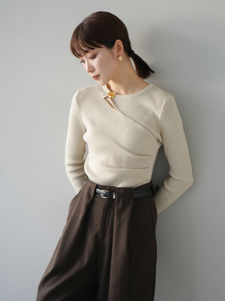 [予約]ゴールドモチーフデザインリブトップス/ベージュ