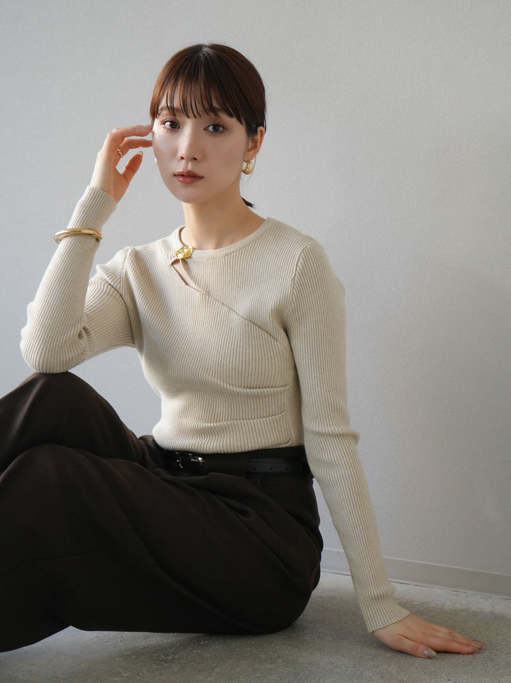 [予約]ゴールドモチーフデザインリブトップス/ベージュ