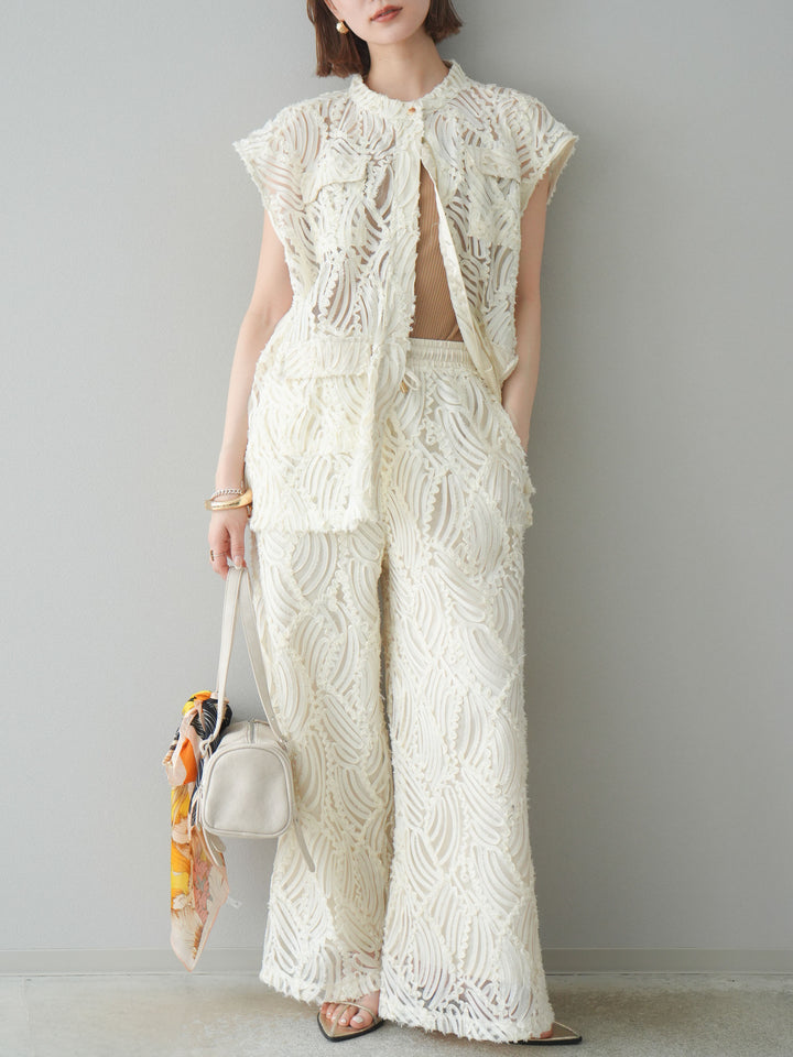 【預購】透視提花寬褲/象牙白