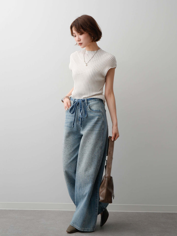 [予約]ウエストベルトフロントビジューカーブワイドパンツ/lightblue