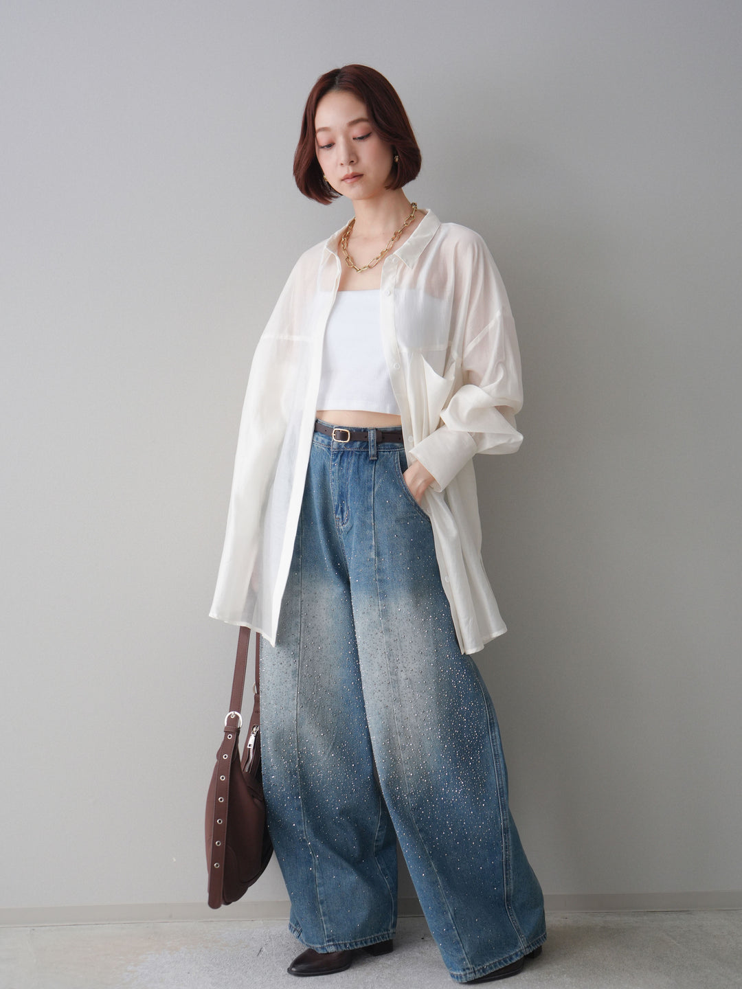 [予約]フロントビジューカーブデニムパンツ/blue