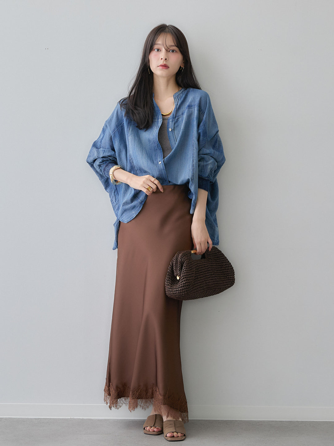 [予約]レースヘムサテンIラインスカート/brown