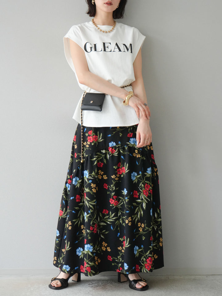 [予約]ボタニカル柄ティアードスカート/ブラック