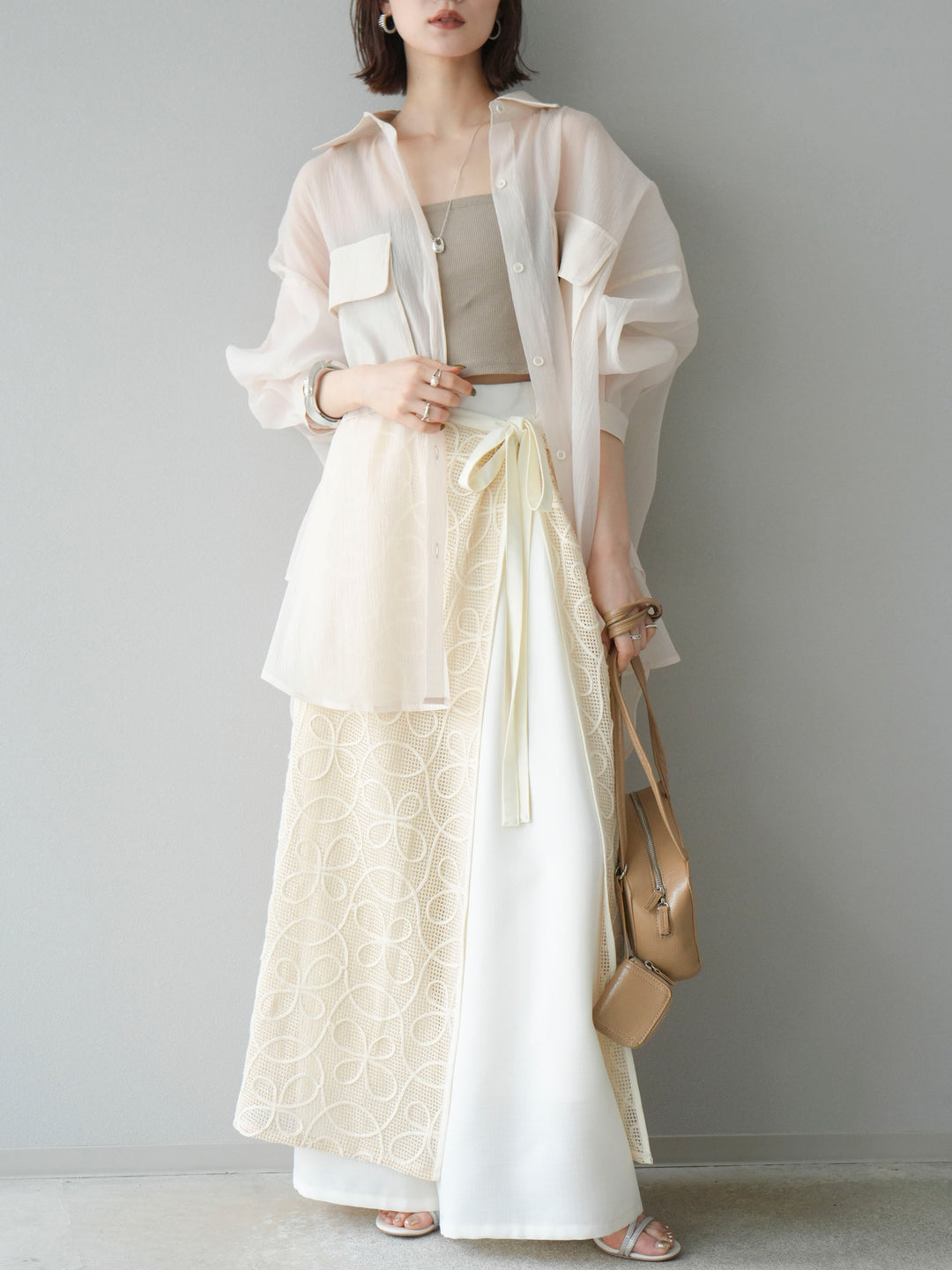 [予約]メッシュコード刺繍ラップスカート/アイボリー