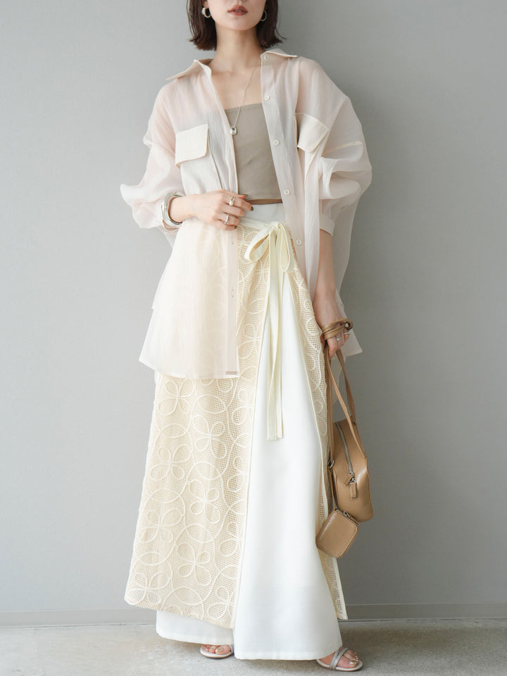 [予約]メッシュコード刺繍ラップスカート/アイボリー