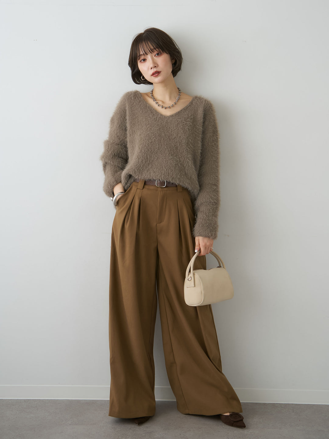 [予約]ダブルタックドレープストレートワイドパンツ/beige