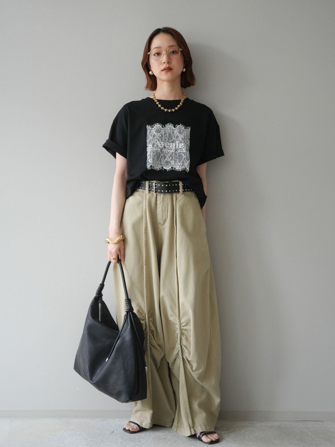 [予約]ベルト付センターギャザーワイドパンツ/beige