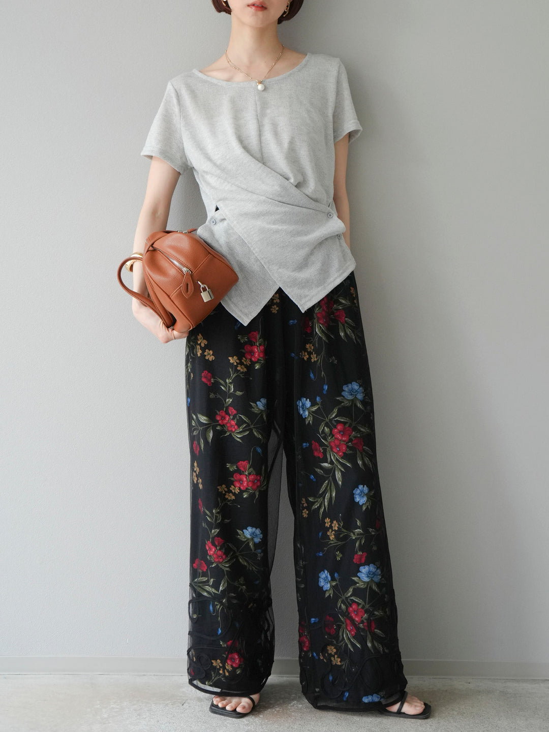 【預購】植物圖案休閒褲/黑色