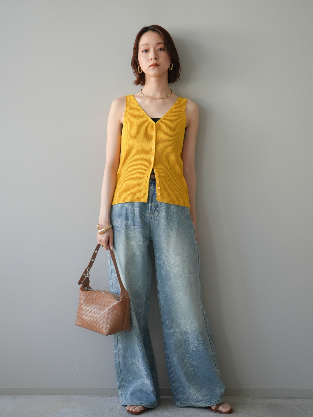 [予約]フラワー刺繍ビジューワイドデニムパンツ/lightblue