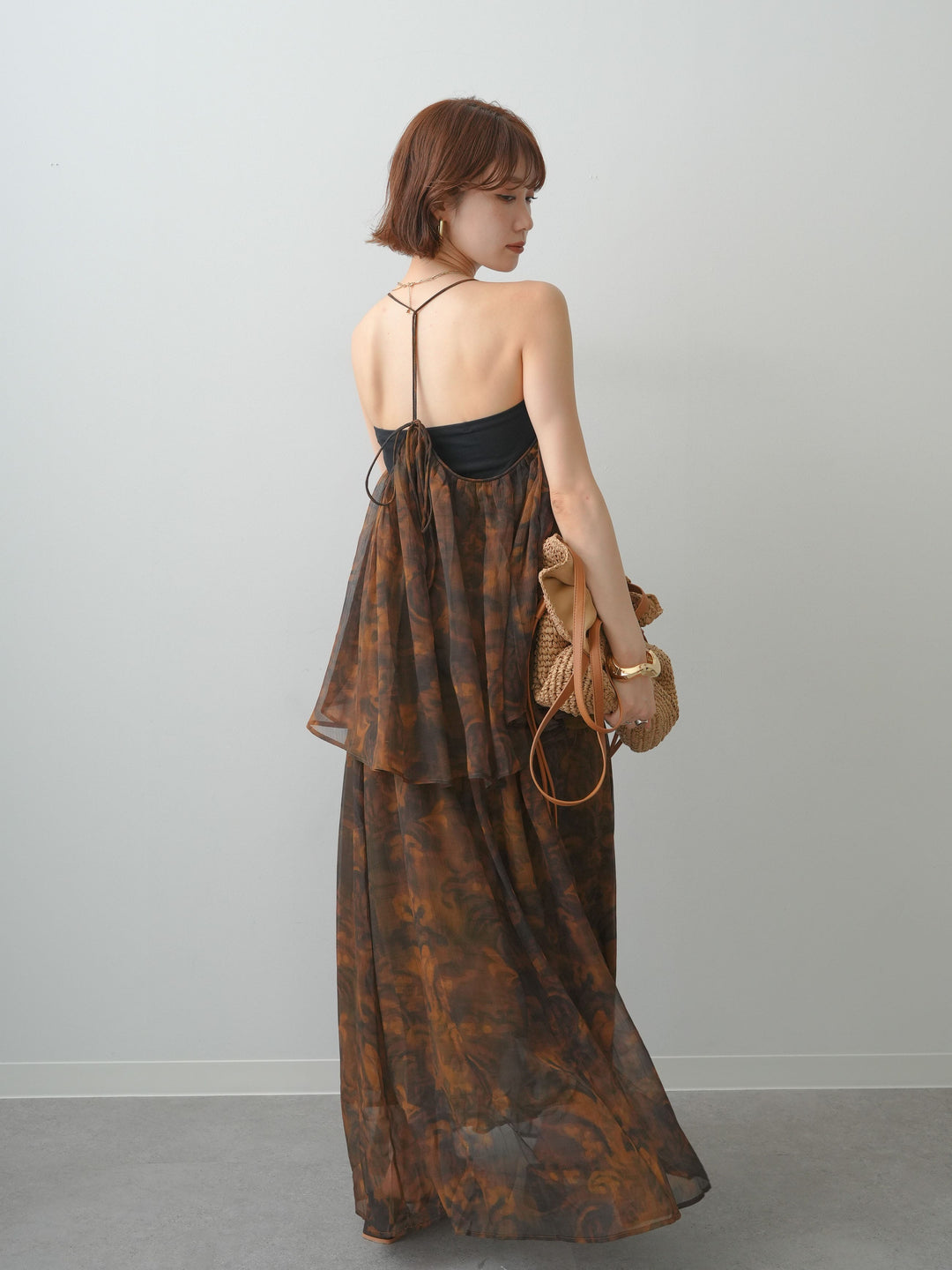 [予約]フラワーニュアンス柄フレアスカート/brown