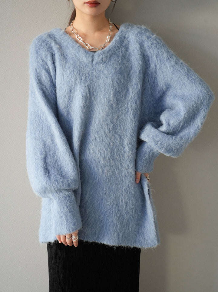 【預購】V領加大尺寸馬海毛針織套頭衫/藍