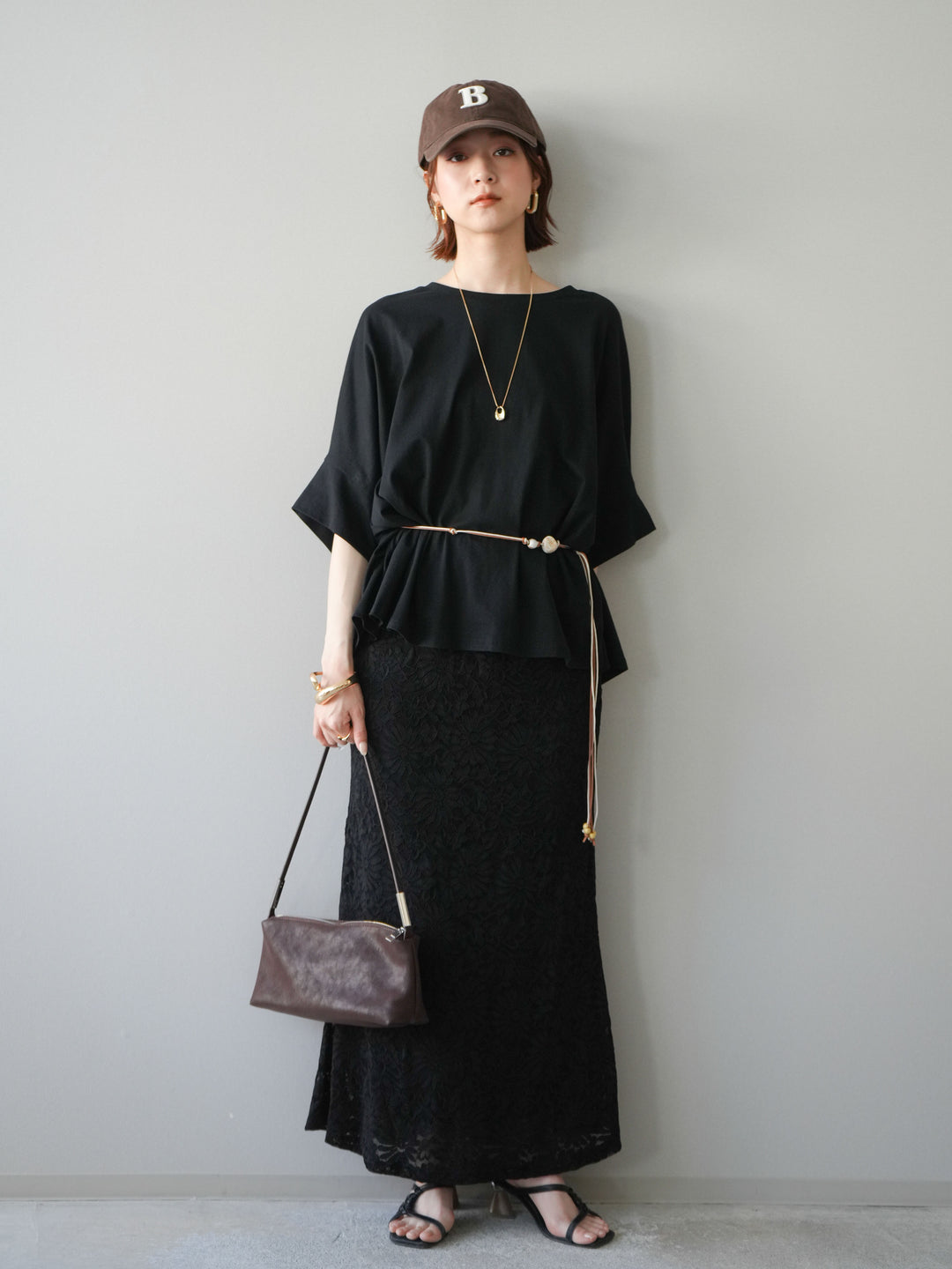 [予約]コードベルト付フラワーレーススカート/black