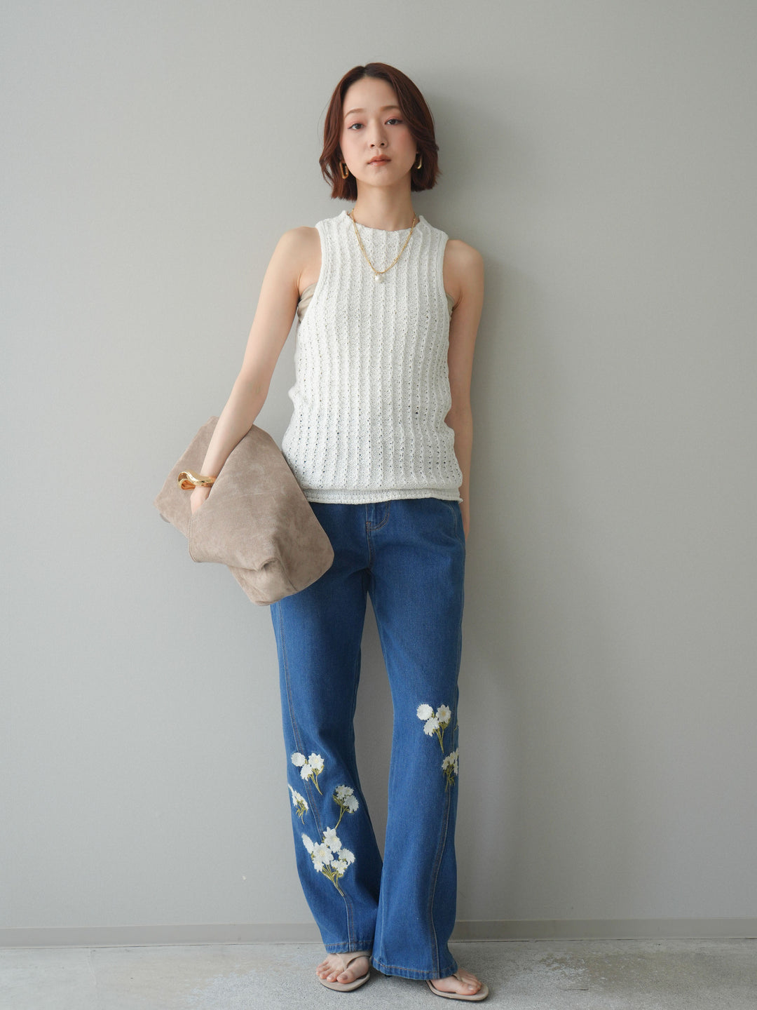 [予約]フラワー刺繍ストレートデニム/indigo