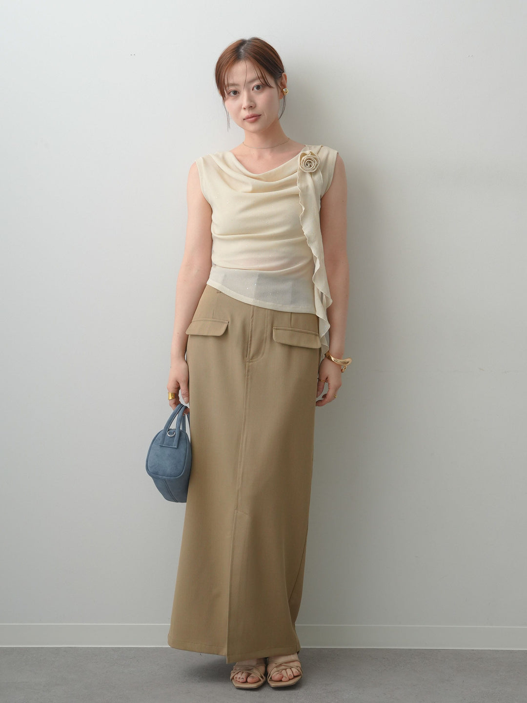 [予約]クレープデシンフラップ付きストレートスカート/beige