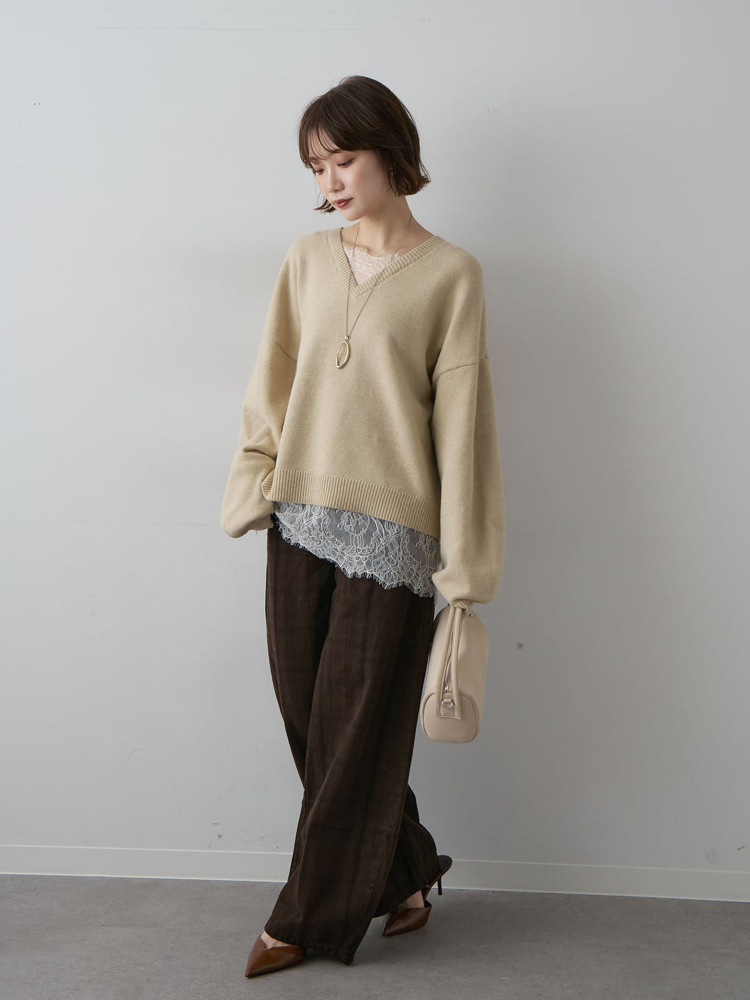 [予約]チェックエンブロイダリーカーブワイドデニム/brown