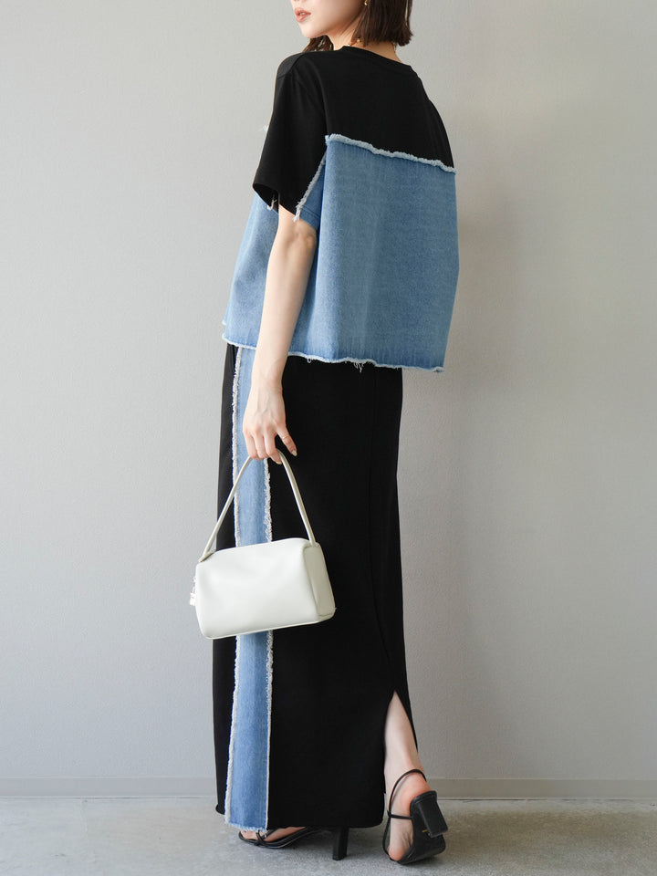 [予約]デニムドッキングスウェットスカート/ブラック