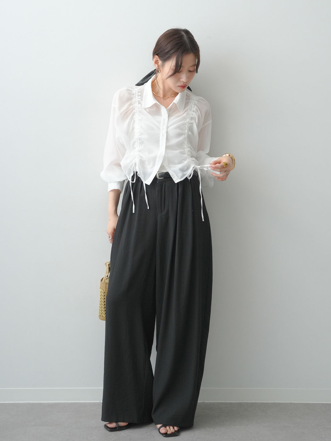 [予約]ベルト付ワッシャーライトワイドパンツ/black