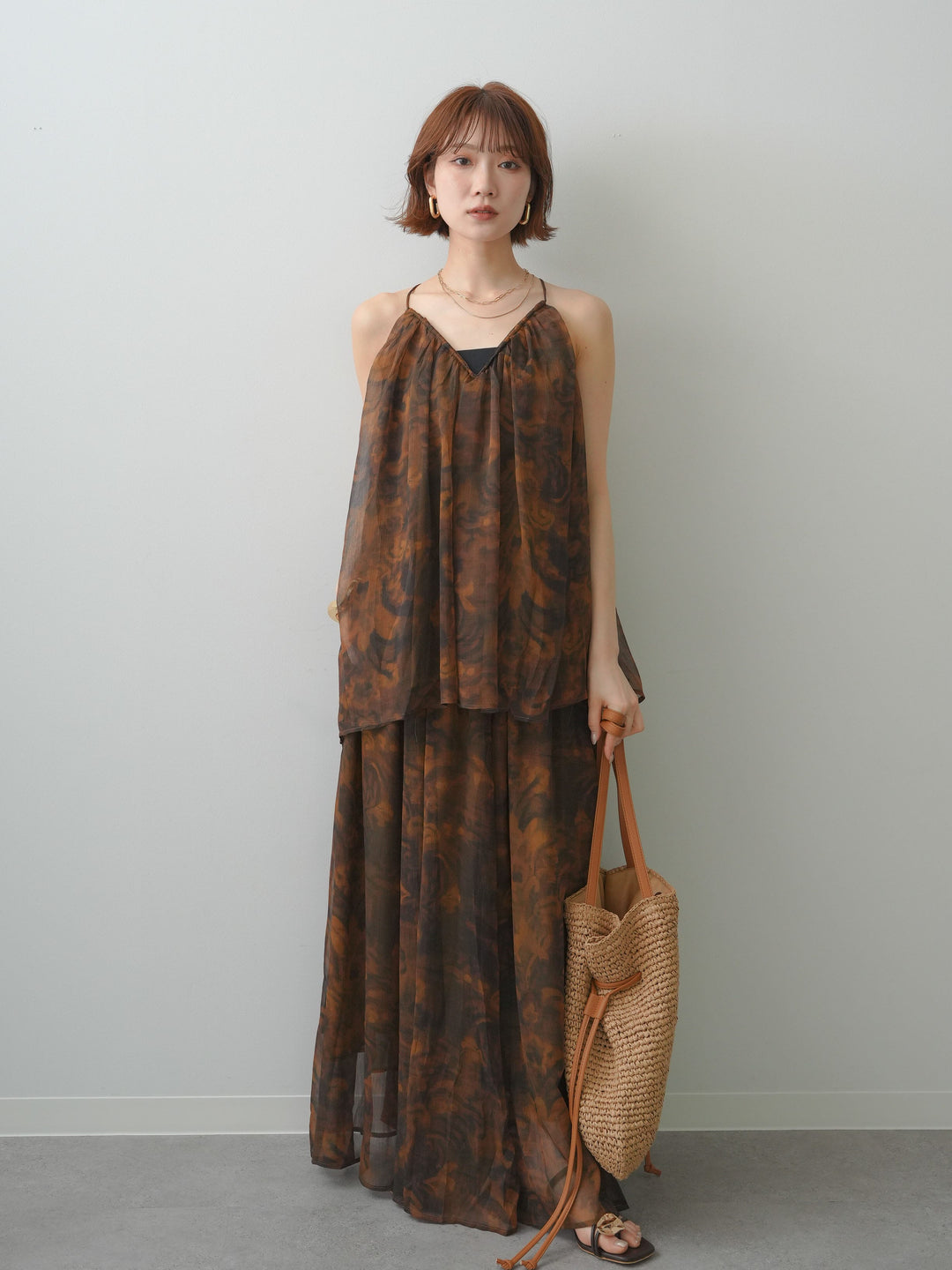 [予約]フラワーニュアンス柄フレアスカート/brown