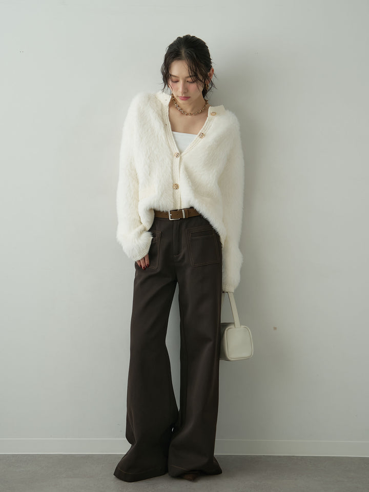 [予約]ベルト付バイカラーステッチセミフレアワイドパンツ/brown