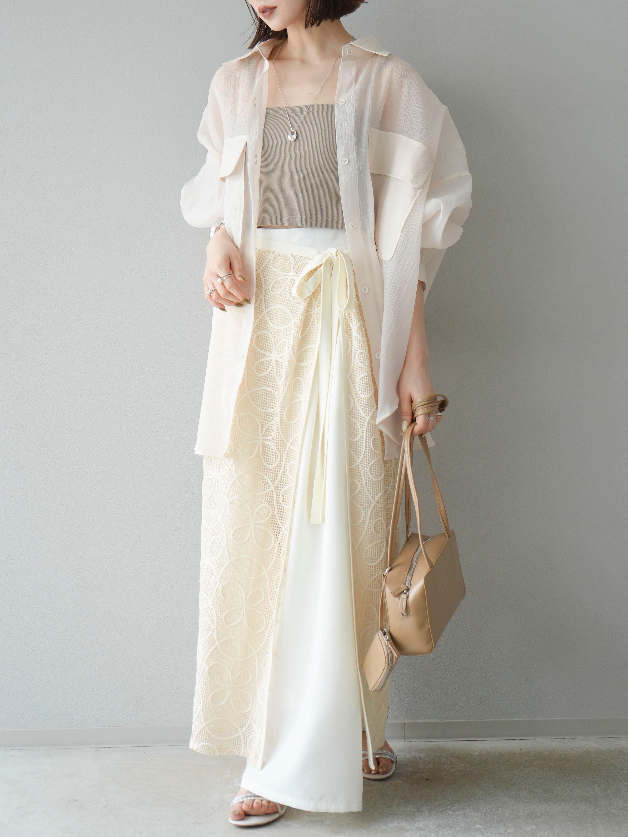 予約]メッシュコード刺繍ラップスカート/アイボリー – Lumier