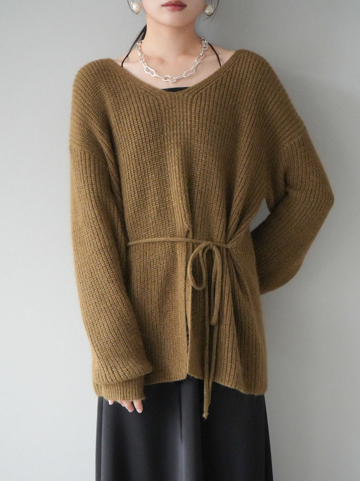 [予約]フロントスリットVネックニットプルオーバー/カーキ
